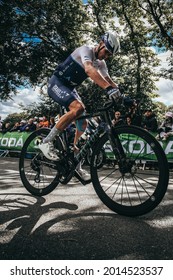 MUR DE BRETAGNE, FRANCE - Jun 27, 2021: A Side View Of A Professional British Cyclist Chris Froome Cycling  In Brittany, France