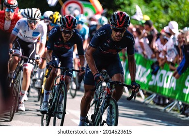 MUR DE BRETAGNE, FRANCE - Jun 27, 2021: The Ineos Grenadiers Professional Sports Team Cycling In Brittany, France