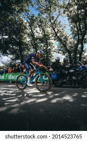 MUR DE BRETAGNE, FRANCE - Jun 27, 2021: A Side View Of A Professional Dutch Cyclist Mathieu Van Der Poel Cycling In Brittany, France