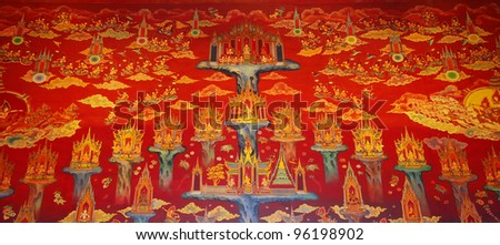 mural of heaven, Thai painting on the wall in temple.