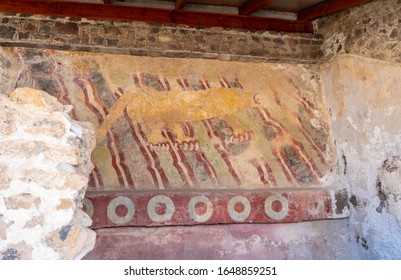 Mural Painting Of The Cougar (Mural Del Puma) In Teotihuacan. Photo Of Ancient Aztec Painting. Mexico