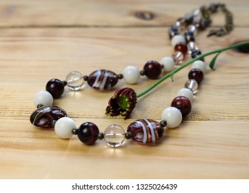 Murano Glass Beads On Wooden Plank Table, Handmade Women's Jewelry, Lampwork.