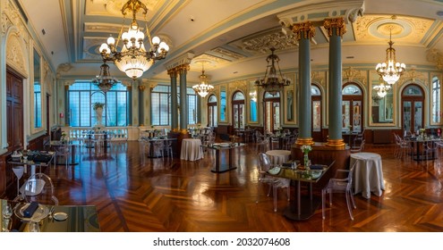 MURCIA, SPAIN, JUNE 19, 2019: Restaurant Inside Of The Real Casino De Murcia In Spain
