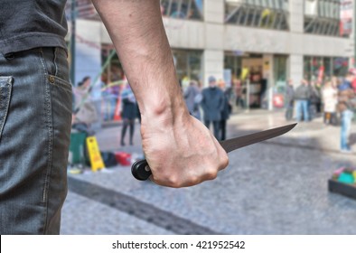 Murderer Or Killer Is Attacking With Knife N Public Place.