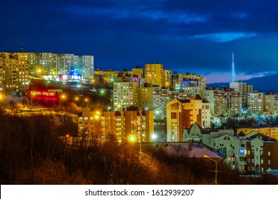 Murmansk, Russia - January, 5, 2020: Landscape With The 
Image Of Murmansk, The Largest City In The Arctic, During The Polar Night