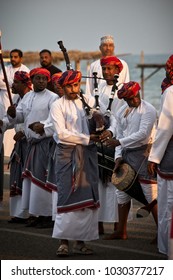 Muscat, Oman, 19 January 2018: A Group Of Local Performers Showcase A Traditional Omani Group Music During The 2018 Muscat Marathon.