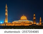 Muscat, Oman. Sultan Qaboos Grand Mosque is the largest mosque in Oman and a main attraction in Muscat 