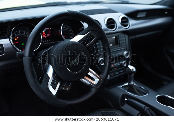 Muscle car Ford\
Mustang. The interior of the passenger compartment inside the car.\
Russia, Rostov-on-Don 23\
Oct2021
