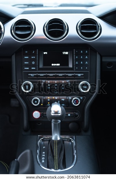 Muscle car\
Ford Mustang. The interior of the salon. Close-up of the gear shift\
knob. Russia, Rostov-on-Don 23\
Oct2021