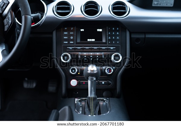 Muscle car\
Ford Mustang. The interior of the salon. Close-up of the gear shift\
knob. Russia, Rostov-on-Don 23\
Oct2021