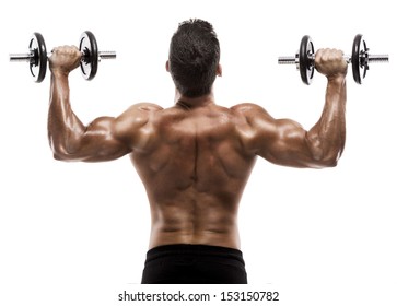 Muscle Man In Studio Lifting Weights, Isolated Over A White Background