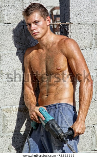 Muscle Naked Dirty Young Man With Drill Stock Photo 
