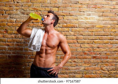  Muscle Shaped Man At Gym Relaxed Drinking Energy Drink