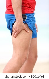 Muscle Sports Injury. Running Muscle Strain Injury In Thigh. Closeup Of Runner Touching Leg In Muscle Pain.