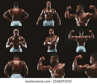 A muscular African American athlete confidently poses in various stances, highlighting strength and physique in a well-lit indoor studio setting. The focus emphasizes definition and form. - Powered by Shutterstock