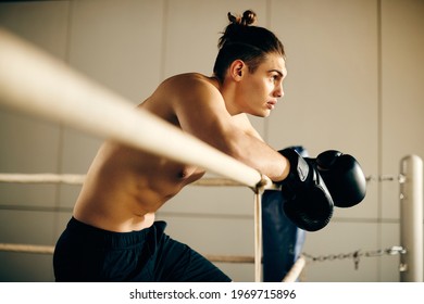 Muscular build fighter leaning on ropes in boxing ring during sports training in boxing club.  - Powered by Shutterstock