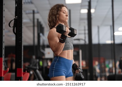 Muscular Caucasian forty year old woman doing exercises with dumbbells in the gym.  - Powered by Shutterstock