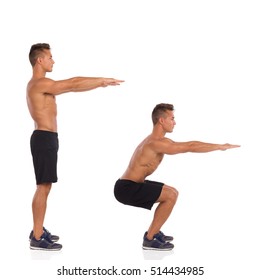 Muscular Half Naked Man Showing A Squat Exercise, Side View, Step By Step.  Full Length Studio Shot Isolated On White.