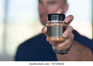 Muscular Handsome Bodybuilder With Pills And Dope For Copy Space - Shutterstock ID 737378353