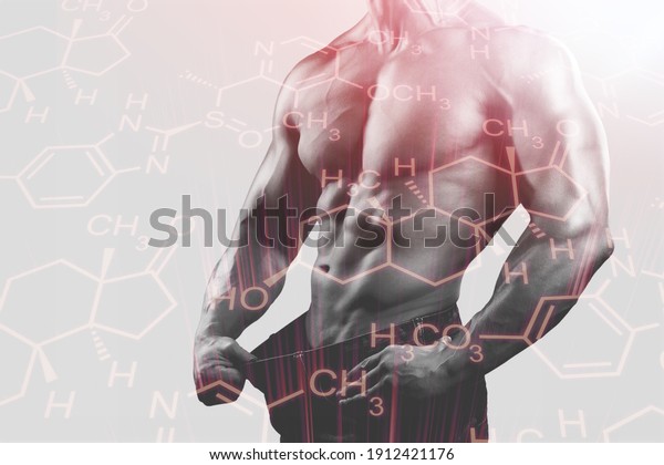 Muscular handsome male torso and\
testosterone formula. Concept of hormone increasing\
methods.
