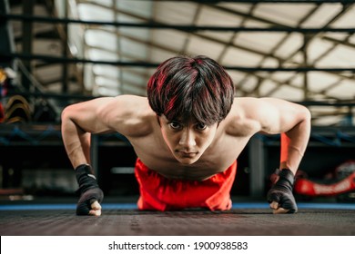 muscular male boxer wearing black strap on wrist do push up while warming up before competing in the arena - Powered by Shutterstock