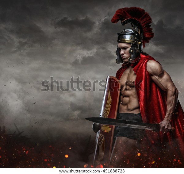 Muscular Male Spartan Costume Holding Sword Stock Photo 451888723 ...