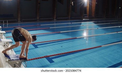 Muscular Male Swimmer Diving in Swimming Pool. Professional Athlete Standing on a Starting Block, Ready to Jump into Water. Training Determined to Win Championship. Shot with Stylish Colors - Powered by Shutterstock