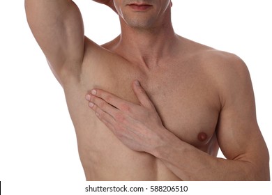 Muscular Male Torso Close Up , Chest And Armpit , Underarm Hair Removal Isolated On White Background. Male Waxing. Laser Hair Removal