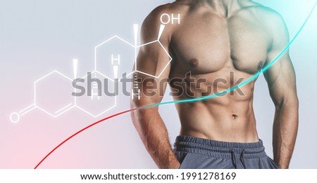 Muscular male torso and testosterone formula against gray background. Concept of hormone increasing methods.