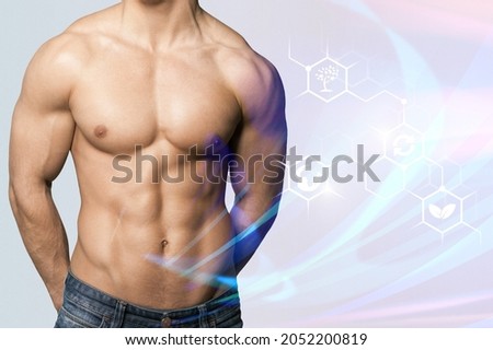 Muscular male torso and testosterone formula against background.