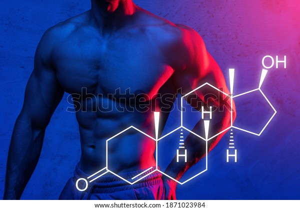 Muscular male torso and testosterone formula.\
Concept of hormone increasing\
methods.