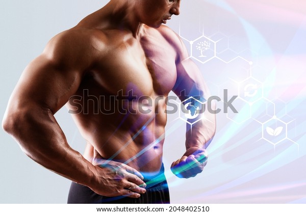 Muscular male torso and testosterone formula\
against background.
