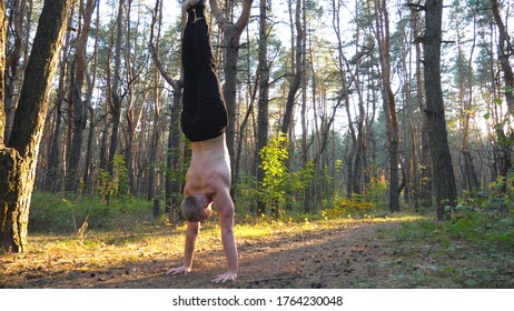 Muscular Man Doing Handstand At Beautiful Sunny Forest. Strong Gymnast Training In Scenic Environment. Athlete Showing Performance Outdoor. Concept Of Healthy And Active Lifestyle. Slow Mo Close Up