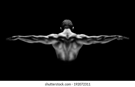 Muscular Man With His Arms Stretched Out, Rear View Of Isolated On Black Background