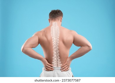 Muscular man on light blue background, back view. Illustration of spine