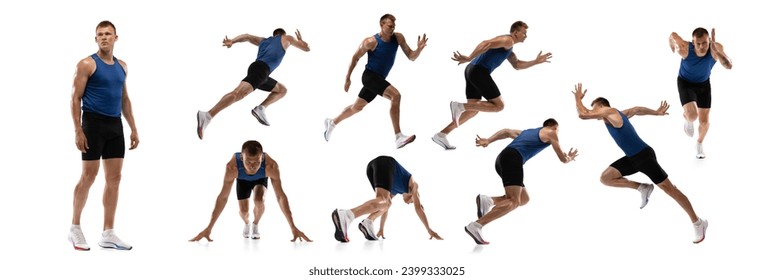 Muscular man, running athlete in different poses isolated over white background. Runner, athletics. Collage. Concept of sport, competition, tournament, championship, endurance and power - Powered by Shutterstock