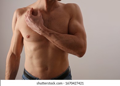 Muscular Man With Scar On His Shoulder After Surgery. Laser Scar Reduction Concept, Sport Exercising Injury