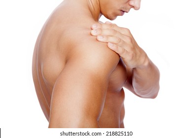 Muscular Man With Shoulder Pain, Isolated On White Background