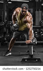 Muscular Man Working Out In Gym Doing Exercises For Back. Single Arm Dumbbell Row