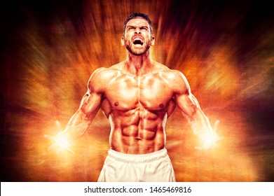 Muscular Men Screaming from The Rush of Energy Trough His Body - Powered by Shutterstock