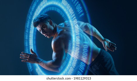 Muscular model sports young man  on virtual reality dark background. Blue neon light. Futuristic holographic interface to display data. Augmented reality, future technology, game, vr concept.