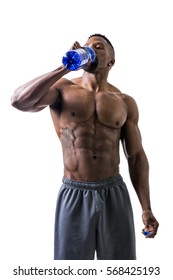 Muscular Shirtless Black Male Bodybuilder Drinking Protein Shake From Blender. Isolated On White, Looking Up