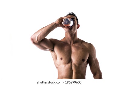 Muscular Shirtless Male Bodybuilder Drinking Protein Shake From Blender. Isolated On White, Looking Up