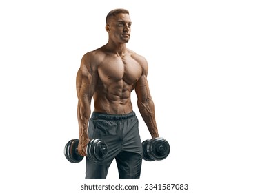 Muscular shirtless man with dumbbell, posing and training isolated. - Powered by Shutterstock