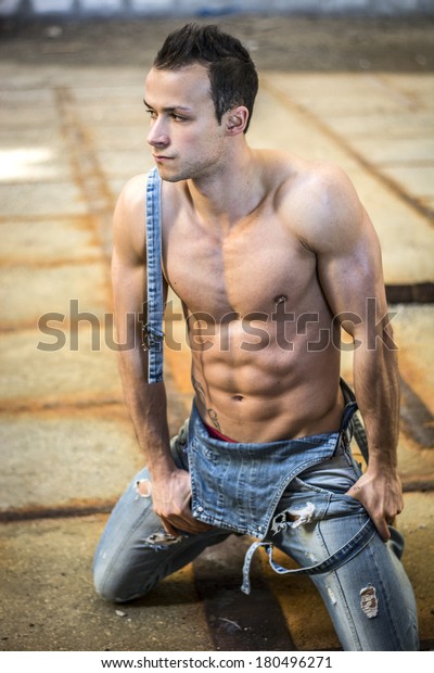 Muscular Shirtless Young Man Denim Overalls Stock Photo 180496271 ...