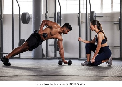 Muscular, Sports Man With Female Gym Instructor Or Fitness Coach Doing Body Building Workout, Push Up Plank Exercise. Active Male Athlete Weightlifting In Wellness Center With Trainer For Motivation