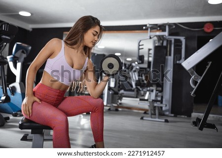 Muscular woman with a pair of dumbbells in her hands doing the seated bicep curls. beautiful muscular fit woman exercising building muscles and fitness woman doing exercises in the gym.
