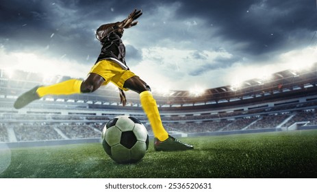 Muscular young African-American man, determined soccer player in motion on field, showing readiness to win the match, leading ball. 3D render of stadium. Sport, tournament, competition, game concept - Powered by Shutterstock