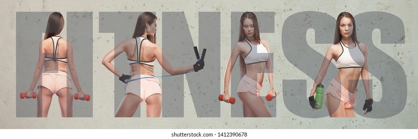 Muscular young female athlete, creative collage with the big word FITNESS. Caucasian woman exercising on the studio background. Concept of cross-fit, fitness, motion, sport, bodybuilding, weight loss. - Shutterstock ID 1412390678