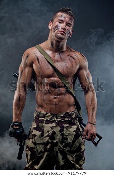 Muscular Young Sexy Naked Soldiers Weapons Stock Photo 